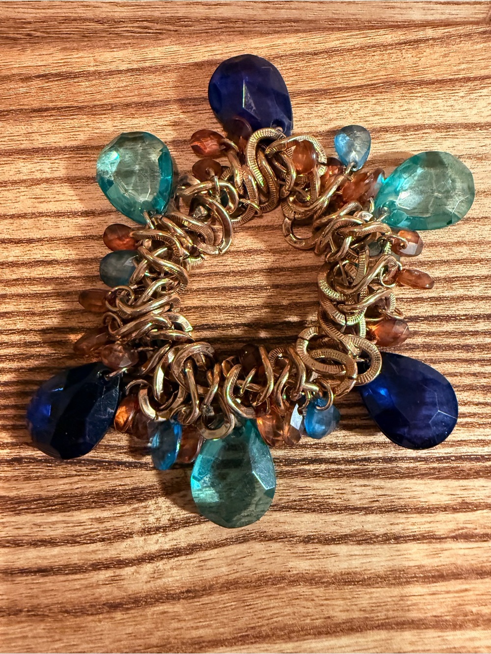 Chunky Gold Tone Multicolor Faceted Bead Stretch Statement Bracelet